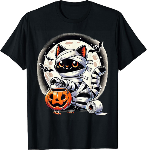 Funny Black Cat Mummy Halloween Pumpkin Boys Girls Kids T-Shirt