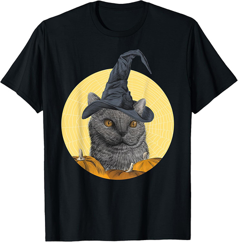 Funny British Cat Witch Hat Halloween Cat Lovers Party T-Shirt