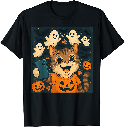 Funny Cat Selfie Pumpkin Ghost Cute Halloween Men Women Kids T-Shirt