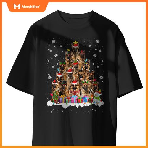Funny German Shepherd Christmas Lights Tree Dog Lover Xmas T-Shirt