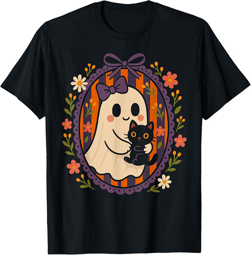 Funny Ghost Black Cat Coquette Bow Spooky Season Halloween T-Shirt