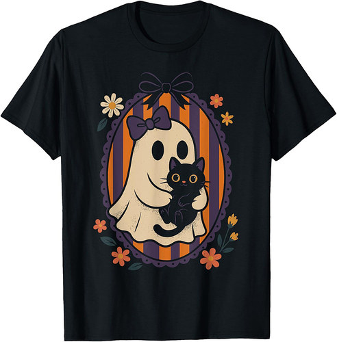 Funny Ghost Black Cat Coquette Bow Spooky Season Halloween T-Shirt