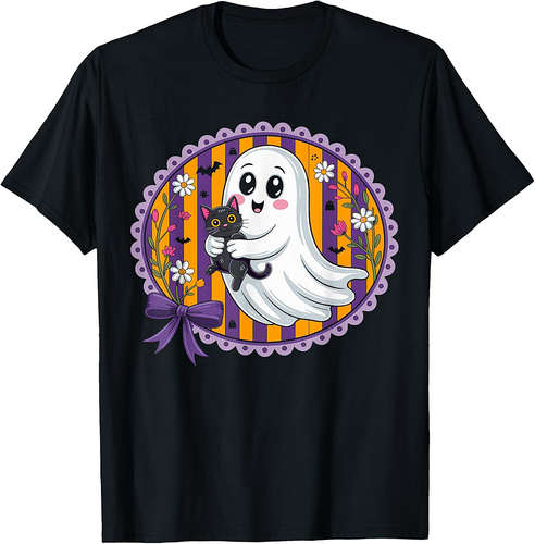 Funny Ghost Black Cat Coquette Bow Spooky Season Halloween T-Shirt