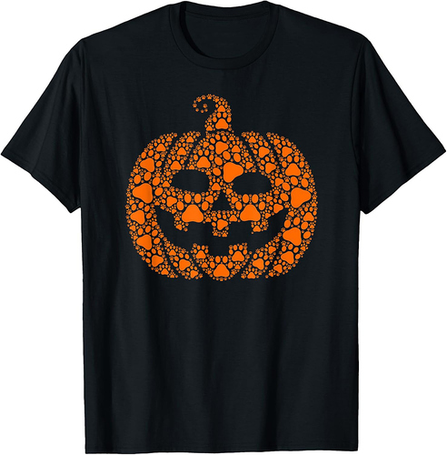 Funny Halloween Cat & Dog Paw Print Jack O Lantern Pumpkin T-Shirt