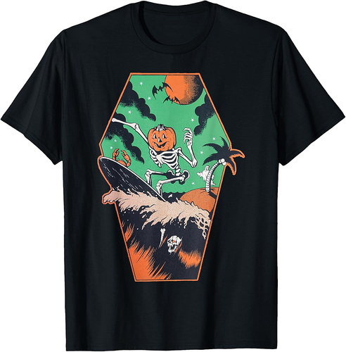 Funny Halloween Skeleton Pumpkin Surfer - Retro Pumpkin T-Shirt