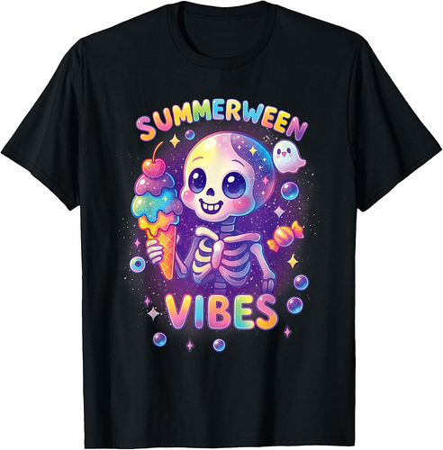 Funny Halloween Summerween Vibes Skeleton Spooky Vacay T-Shirt
