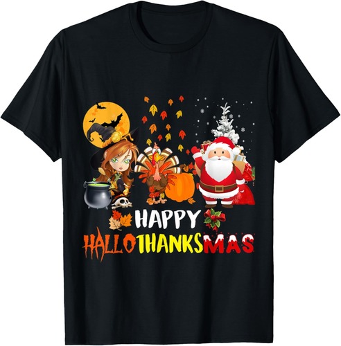 Funny Happy Hallothanksmas Halloween Thanksgiving Christmas T-Shirt