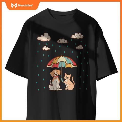 Funny Idiom Raining Cats and Dogs  Cute Canine Feline Lover T-Shirt