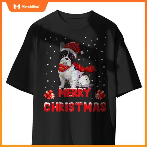 Funny Merry Christmas French Bull Dog Santa Hat Lights T-Shirt