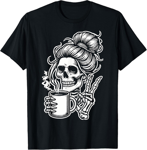 Funny Messy Bun Skeleton Halloween Coffee Costume T-Shirt