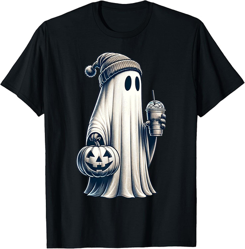 Funny Pumpkin And Boo Drinking Ice Coffee. Halloween Costume T-Shirt