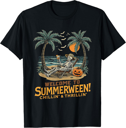 Funny Skeleton Beach Sunset Spooky Vacation Halloween T-Shirt