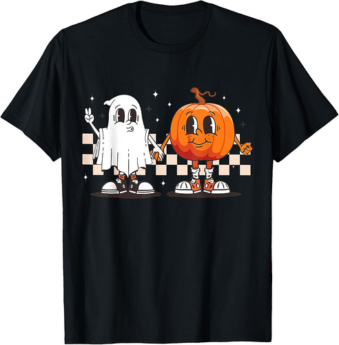 Funny Spooky Ghost Pumpkin Men Women Retro Halloween T-Shirt