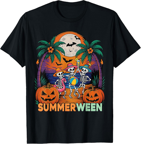 Funny Summerween Tropical Skeleton Halloween Beach Party T-Shirt