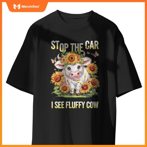 Funny Sunflower Highland Cow Stop The Car I See Fluffy Cow T-Shirt