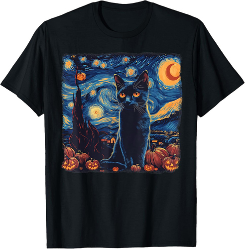 Funny Van Gogh Starry Night Black Cat Pumpkins Halloween Tee T-Shirt