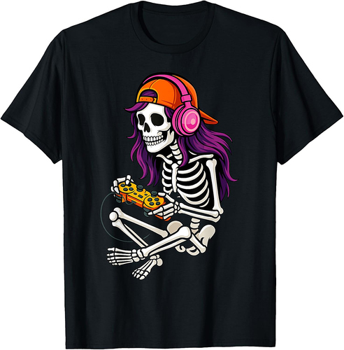 Gamer Skeleton Halloween Girls Teens Women Video Gaming T-Shirt