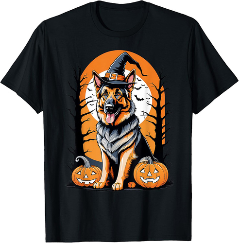 German Shepherd Witch Dog Halloween Dog Lover Pumpkin T-Shirt