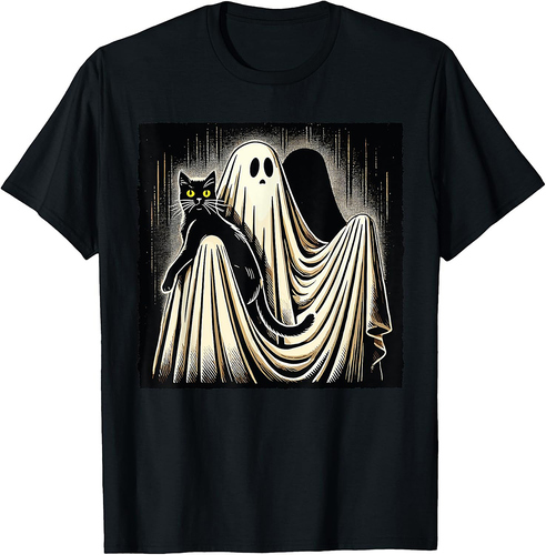 Ghost Holding Black Cat Retro Halloween Funny Cat Lover T-Shirt