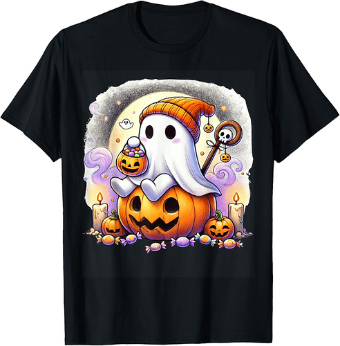 Ghost Pumpkin Halloween Trick or Treat Candy Kids Cute Tee T-Shirt