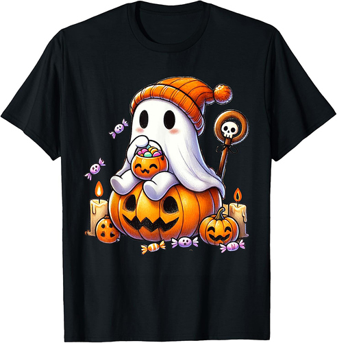 Ghost Pumpkin Halloween Trick or Treat Candy Kids Cute Tee T-Shirt