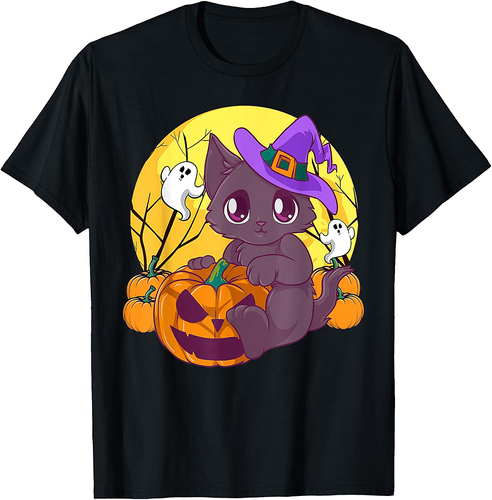 Girls Halloween Cute Cat Pumpkin Witch Hat Costume T-Shirt