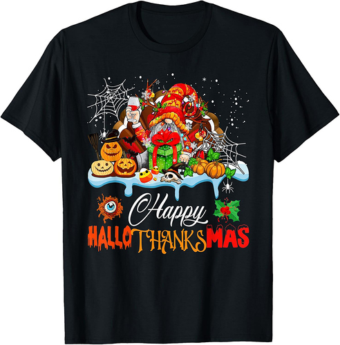 Gnome Wine Halloween Thanksgiving Xmas Happy HalloThanksMas T-Shirt