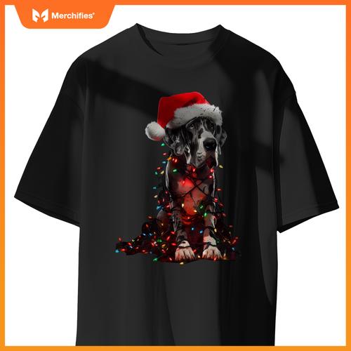 Great Dane With Santa Hat And Christmas Lights Dog Owner Mom T-Shirt
