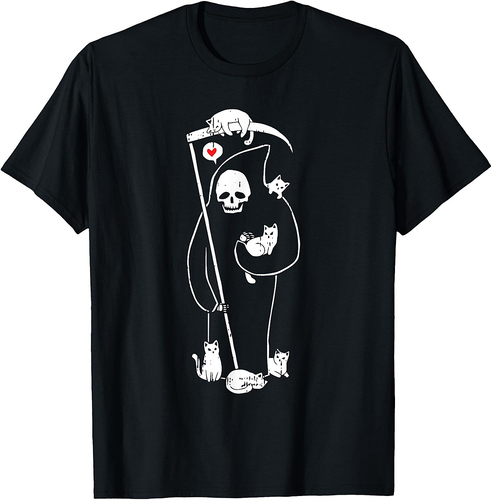 Grim Reaper Cat Halloween Costume Scary Skull Skeleton T-Shirt for Men Women Kids
