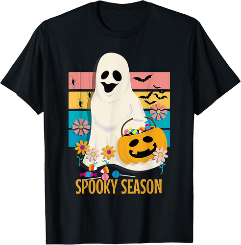 Groovy Spooky Season Cute Ghost Holding Pumpkin Halloween T-Shirt