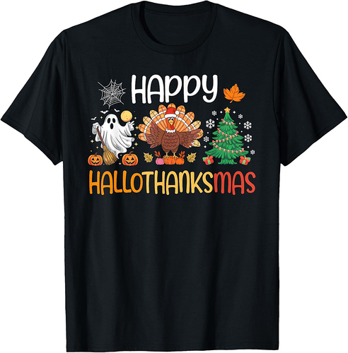 Hallothanksmas Shirt Funny Halloween Thanksgiving Christmas T-Shirt