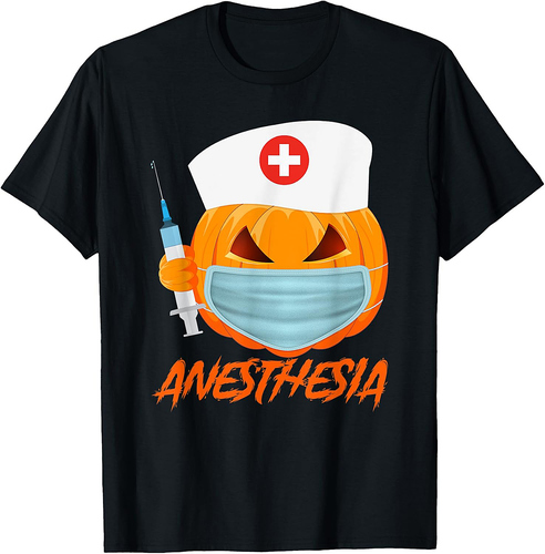 Halloween ANESTHESIA Pumpkin Wearing a mask Womens Nurse T-Shirt