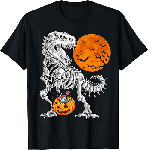 Halloween Boys Dinosaur Skeleton T rex Scary Pumpkin Moon T-Shirt