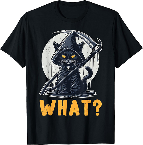 Halloween Cat Grim Reaper What Funny Costume Women Men Kids T-Shirt