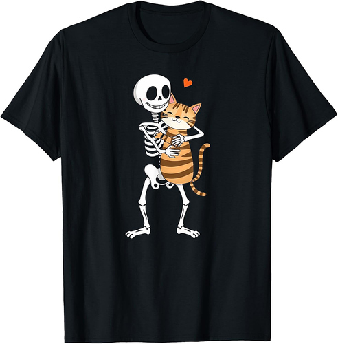 Halloween Cat Lover Skeleton Hugging Cat Cat Mom Dad kids T-Shirt