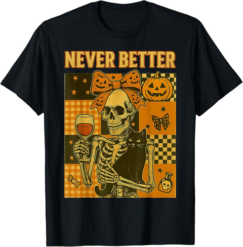 Halloween: Never Better Skeleton Cat Skull Fall Bow T-Shirt