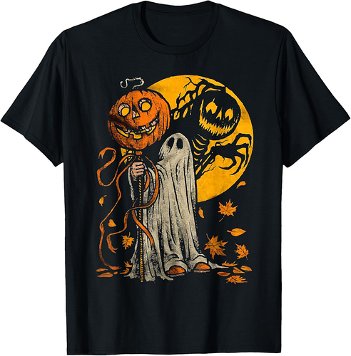 Halloween Pumpkin Ghost Autumn Leaves Graphic Art T-Shirt