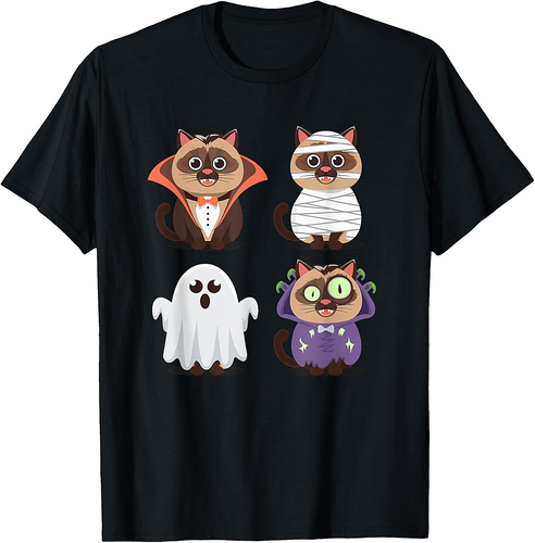 Halloween Siamese Cat Ghost Vampire Mummy Men Women Kids T-Shirt