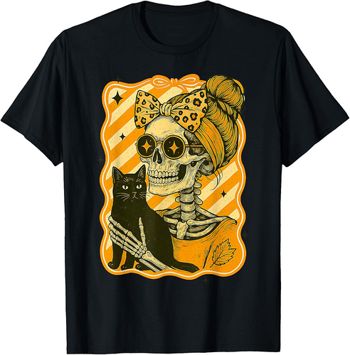 Halloween: Skeleton Hugging Cat Skull Fall Bow Womens T-Shirt