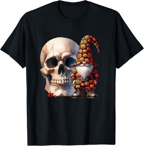 Halloween Skull Graphic With Halloween Gnome Orange Pumpkin T-Shirt