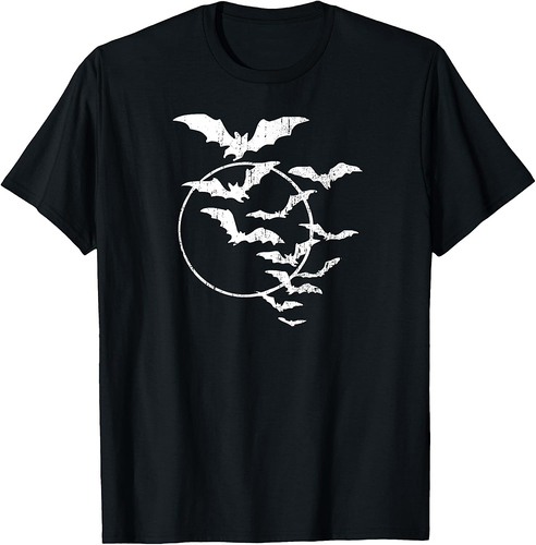 Halloween Swarm of Bats Full Moon Spooky Vintage Art Graphic T-Shirt