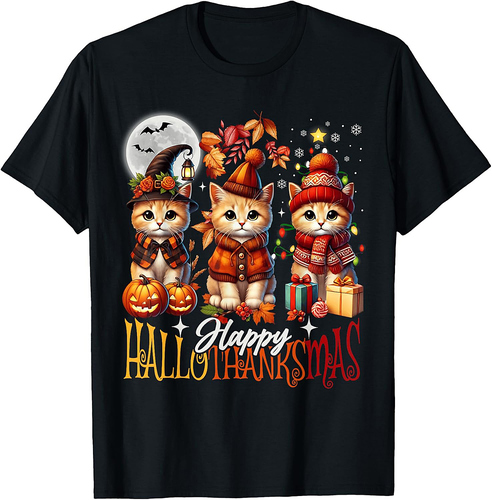 Halloween Thanksgiving Christmas Happy HalloThanksMas Cats T-Shirt