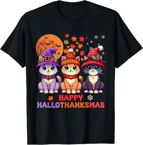 Halloween Thanksgiving Christmas Happy HalloThanksMas Cats T-Shirt