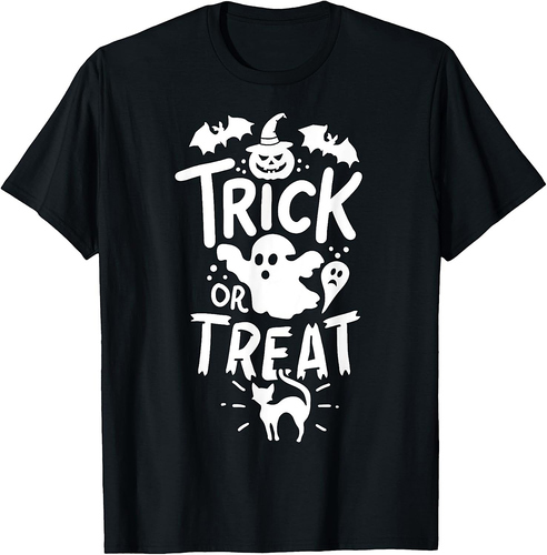 Halloween Trick Or Treat Tee Bat Ghost Pumpkin Cat T-Shirt for Men Women Kids