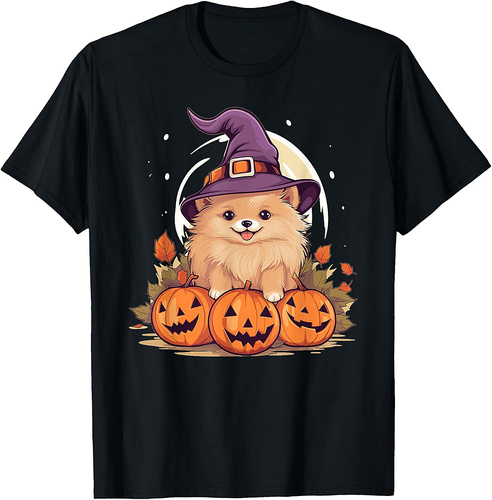 Halloween Witch Hat Pumpkin Dog Pomeranian T-Shirt