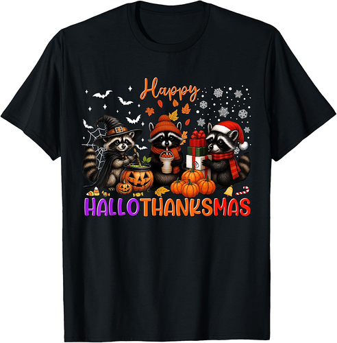 Happy HalloThanksMas Racoon Halloween Thanksgiving Christmas T-Shirt