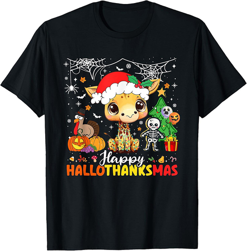 Happy Hallothanksmas Giraffe Halloween Thanksgiving Xmas T-Shirt