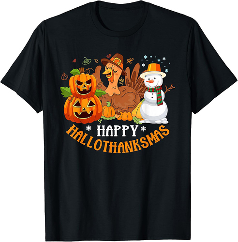 Happy Hallothanksmas Halloween Thanksgiving Christmas Day T-Shirt