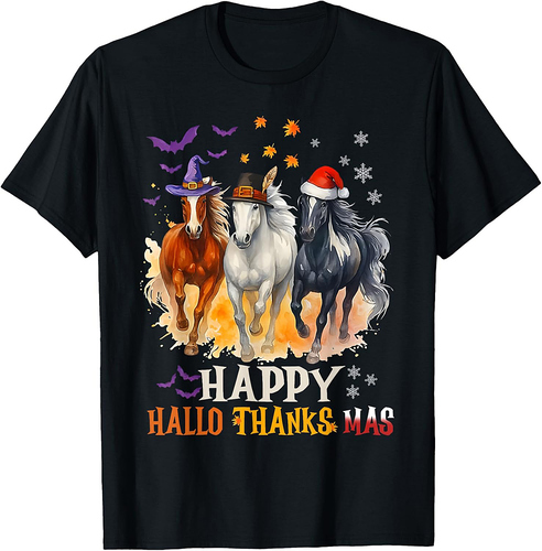 Happy Hallothanksmas Halloween Thanksgiving Christmas Horse T-Shirt