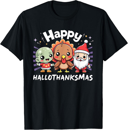 Happy Hallothanksmas Halloween Thanksgiving Christmas T-Shirt